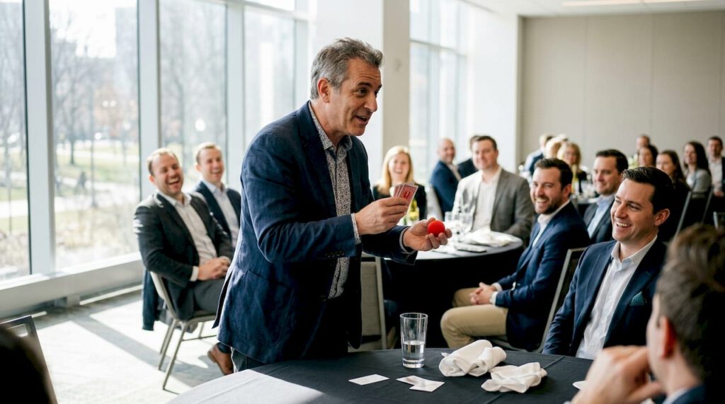 Ein Magier begeistert sein Publikum mit einer Mischung aus Zauberkunst und Comedy – die Zuschauer kommen aus dem Lachen nicht mehr heraus.