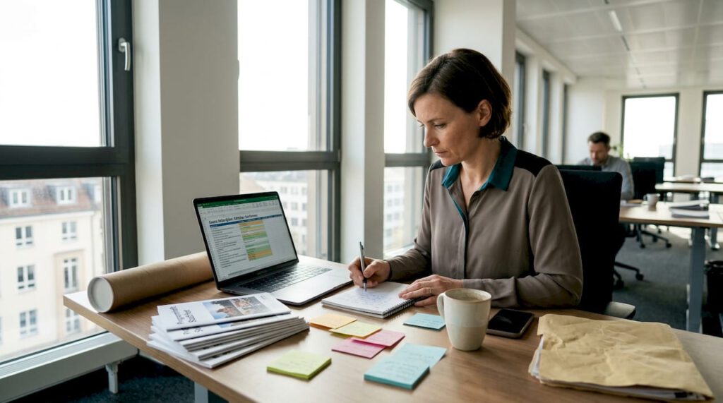 Ein Eventmanager sitzt am Schreibtisch und organisiert die nächste Veranstaltung.