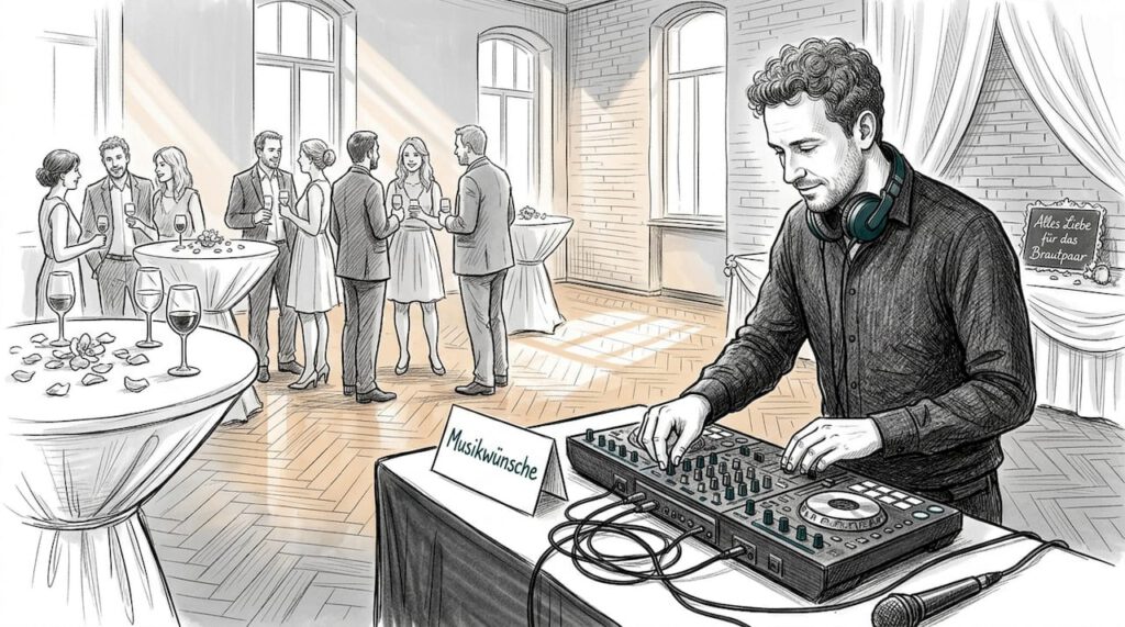 Stimmungsvoller Hochzeits-DJ sorgt für beste Unterhaltung im festlich geschmückten Saal – die Gäste genießen den Abend und tanzen ausgelassen.