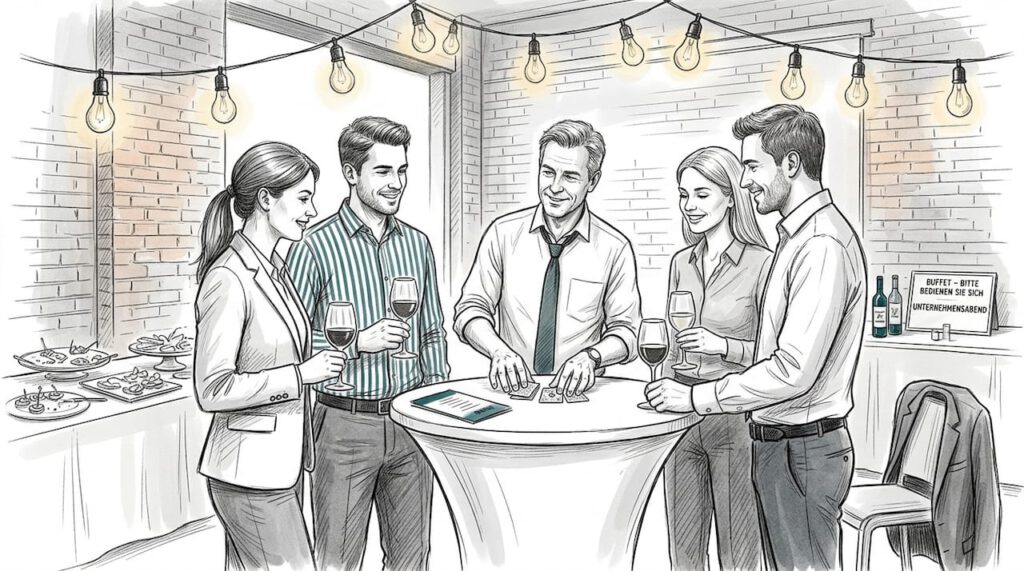 Eine Unternehmensgruppe lässt sich bei ihrer Veranstaltung von lockerer Zauberkunst begeistern.