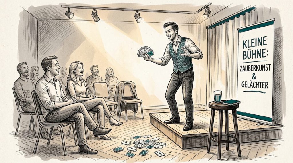 Ein Magier sorgt mit seinen verblüffenden Einlagen auf der Bühne für jede Menge Lacher im Publikum.