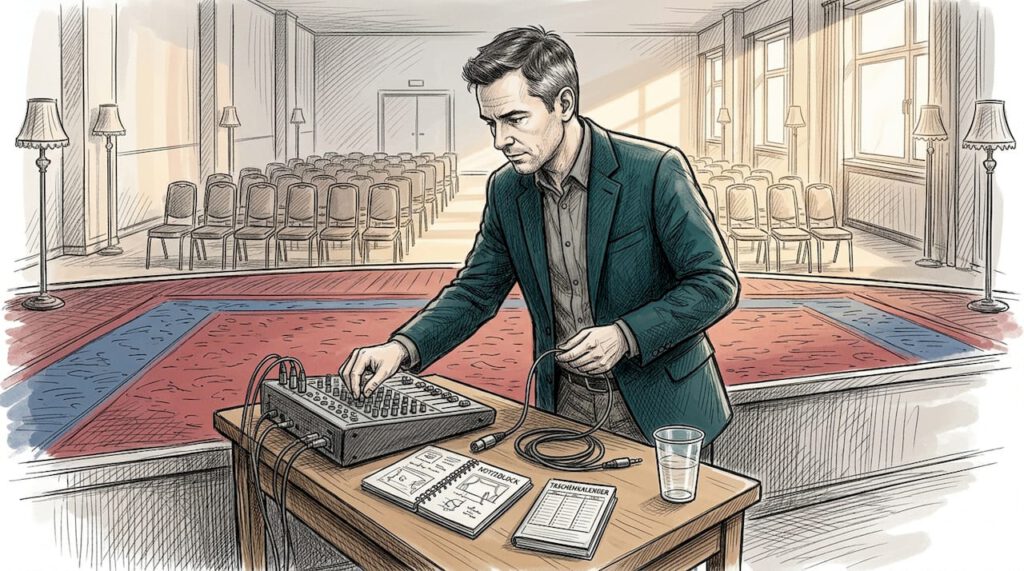 Der Magier bereitet seine Tricks direkt am Bühnenrand mit technischer Unterstützung vor.