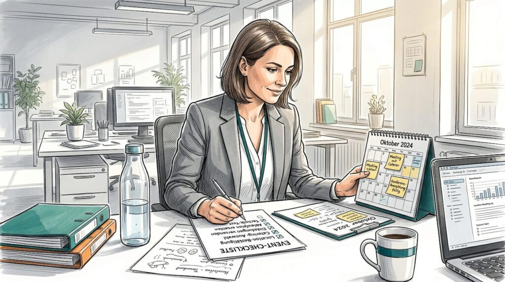 Eine Eventmanagerin prüft ihre Aufgabenliste im offenen Büro.