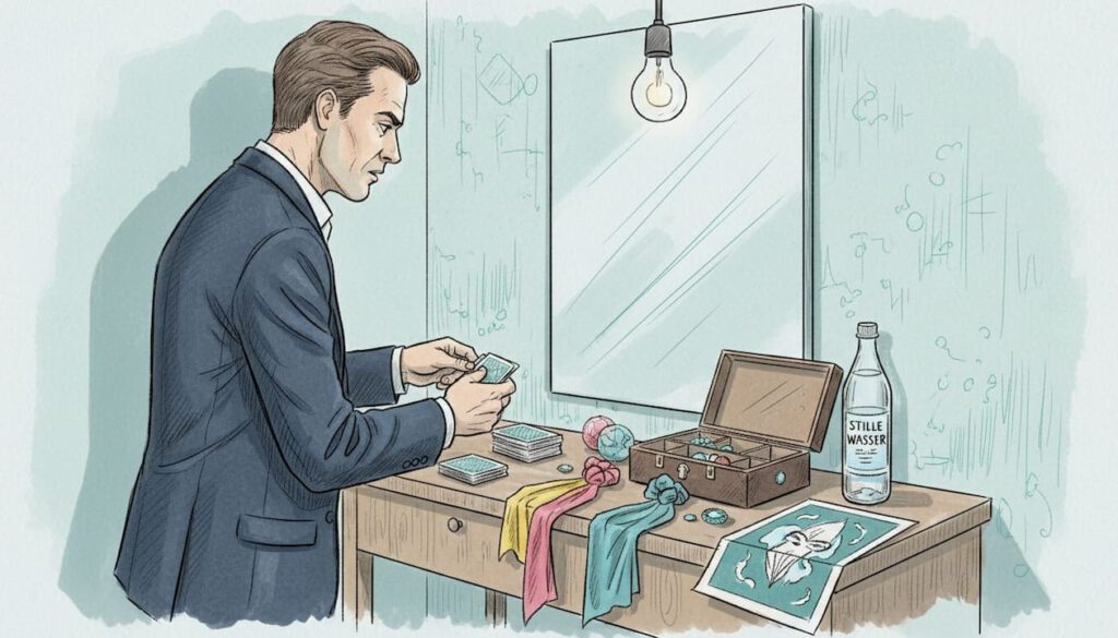 Der Magier richtet seine Utensilien vor Beginn der Show sorgfältig her.