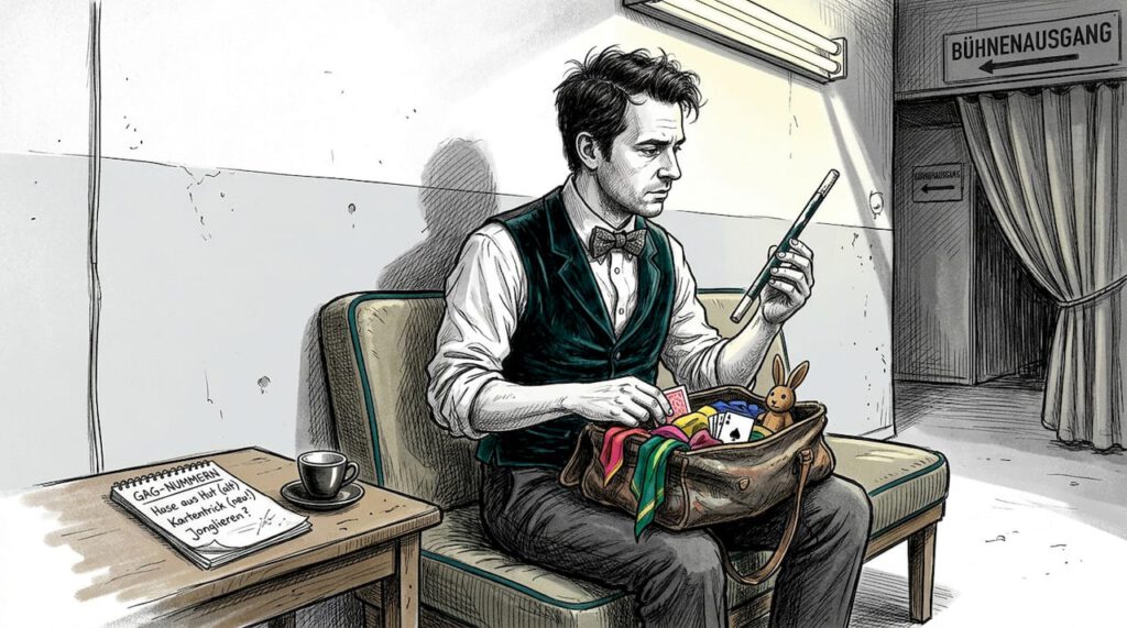 Bevor der Vorhang aufgeht, nimmt der Comedy-Zauberer seine Requisiten noch einmal genau unter die Lupe.