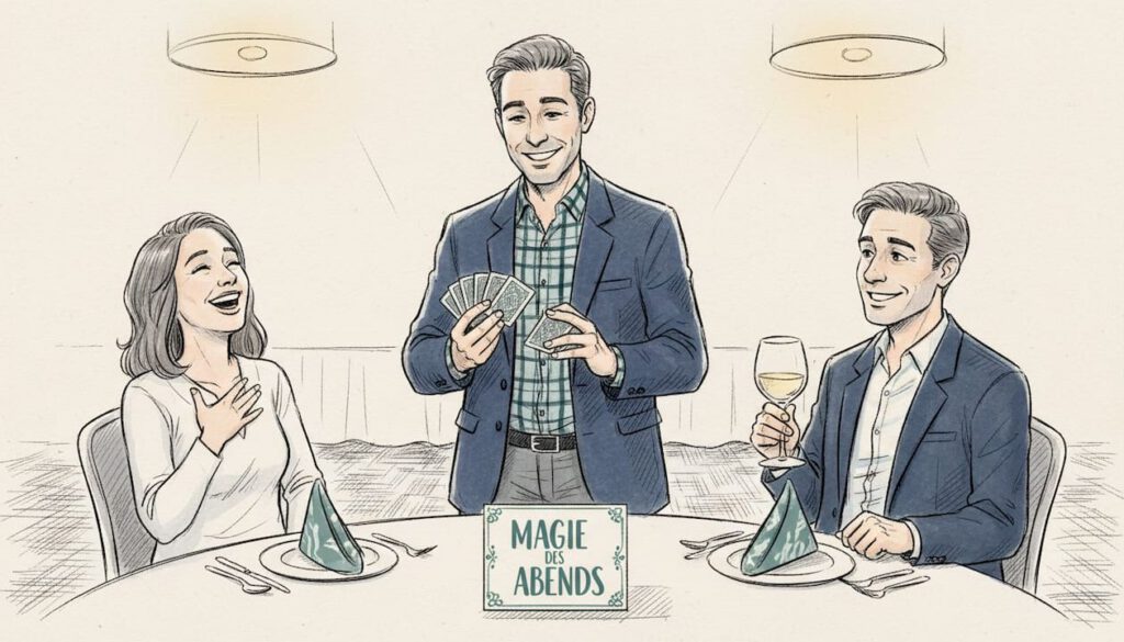 Ein Zauberkünstler bringt das Publikum mit einem witzigen Trick zum Lachen.