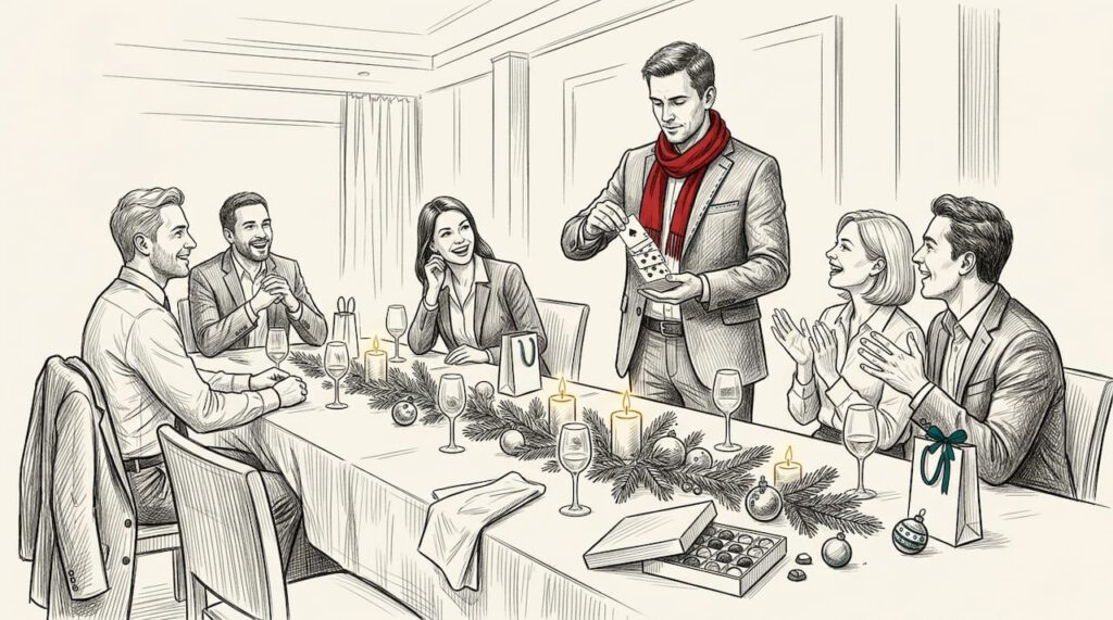 Bei der festlichen Weihnachtsfeier der Firma sorgt ein Zauberer mit einem verblüffenden Kartentrick für beste Stimmung.