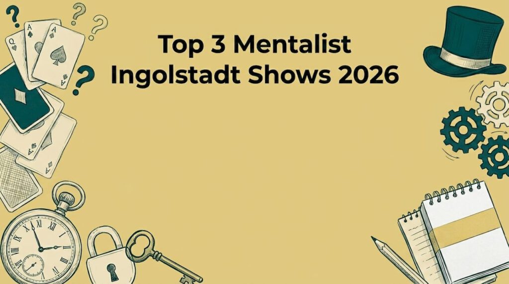 Handgezeichnete Illustrationen in den Ecken rahmen einen klar gestalteten Bereich für den Titel der Mentalisten-Show ein.