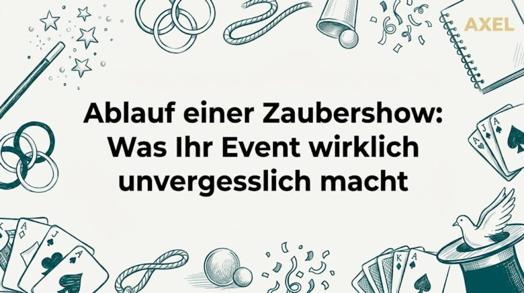 Stimmungsvoll illustrierte Titelseite einer Zaubershow mit fantasievollen magischen Utensilien