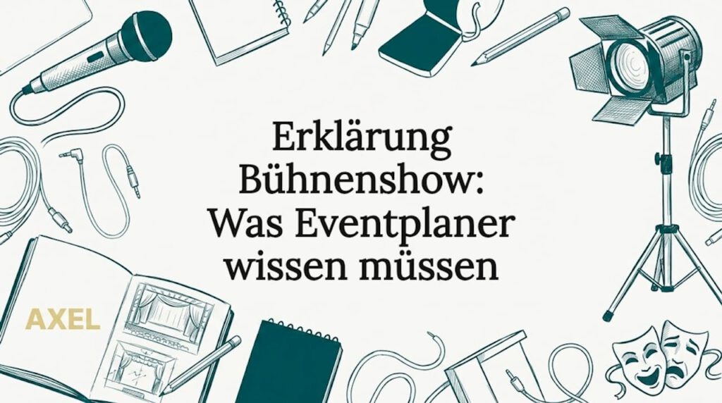 Eine liebevoll gezeichnete Szene mit einem Bühnenstrahler, einem Mikrofon, einem Notizbuch und einer Theatermaske.